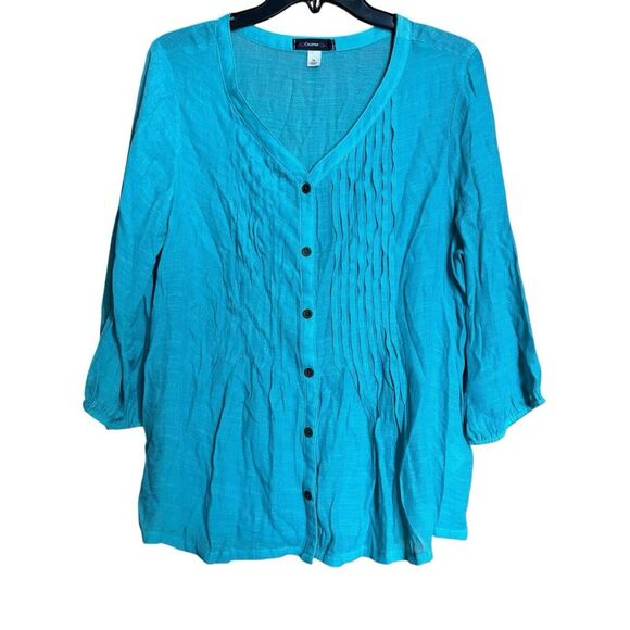 Cocomo Top Womens Extra Large XL Blue Pleated V Neck Career Office Button Up - Picture 1 of 9
